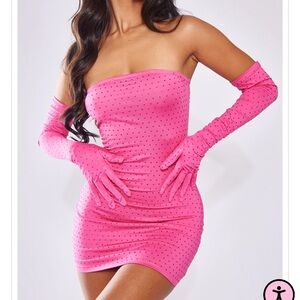 Hot Pink Diamante Bandeau Dress With Gloves - pretty little thing